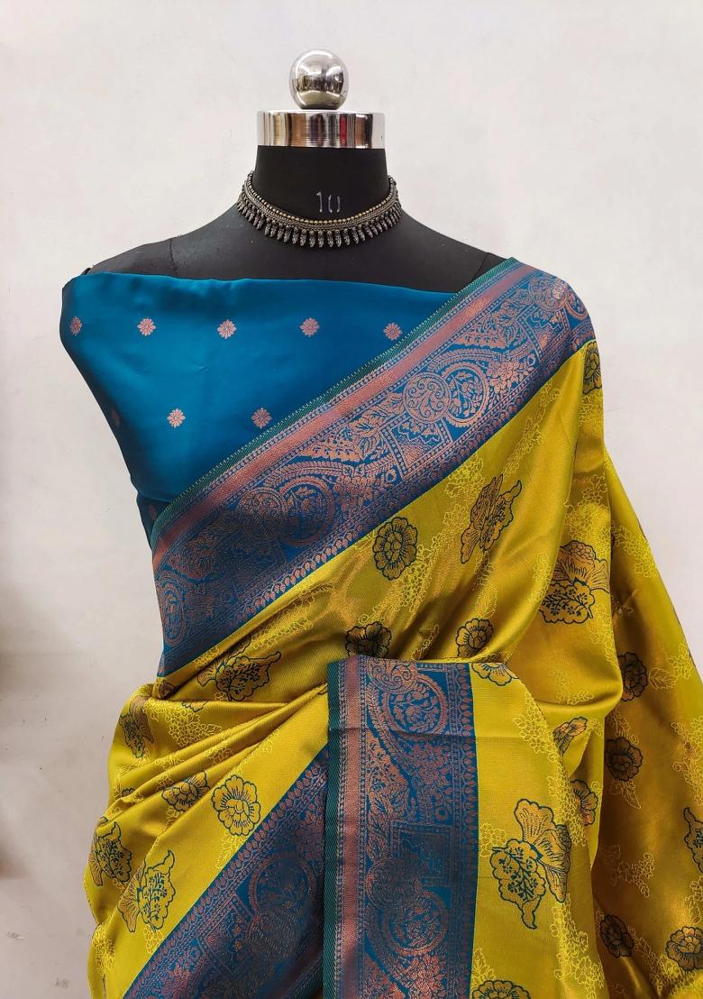 Light Green And Light Blue Woven Silk Sarees - Indya