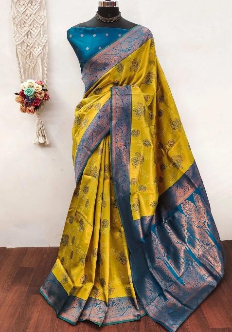 Light Green And Light Blue Woven Silk Sarees
