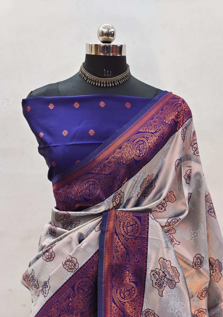 Grey And Blue Woven Silk Sarees - Indya