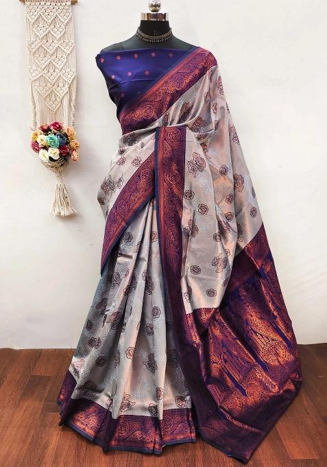 Grey And Blue Woven Silk Sarees