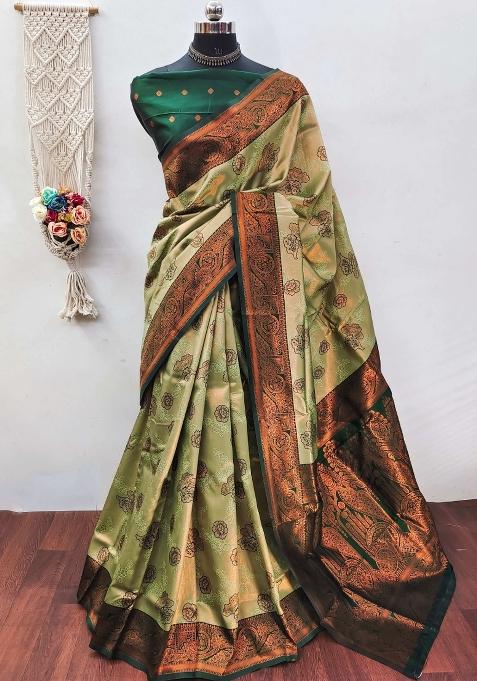 Light Green And Green Woven Silk Sarees
