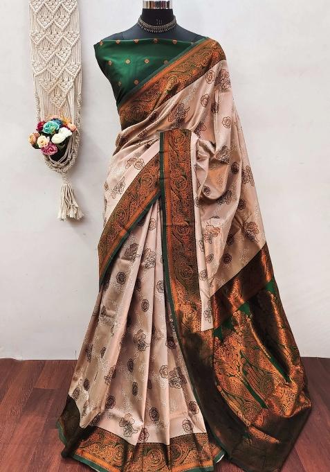 Cream And Green Woven Silk Sarees