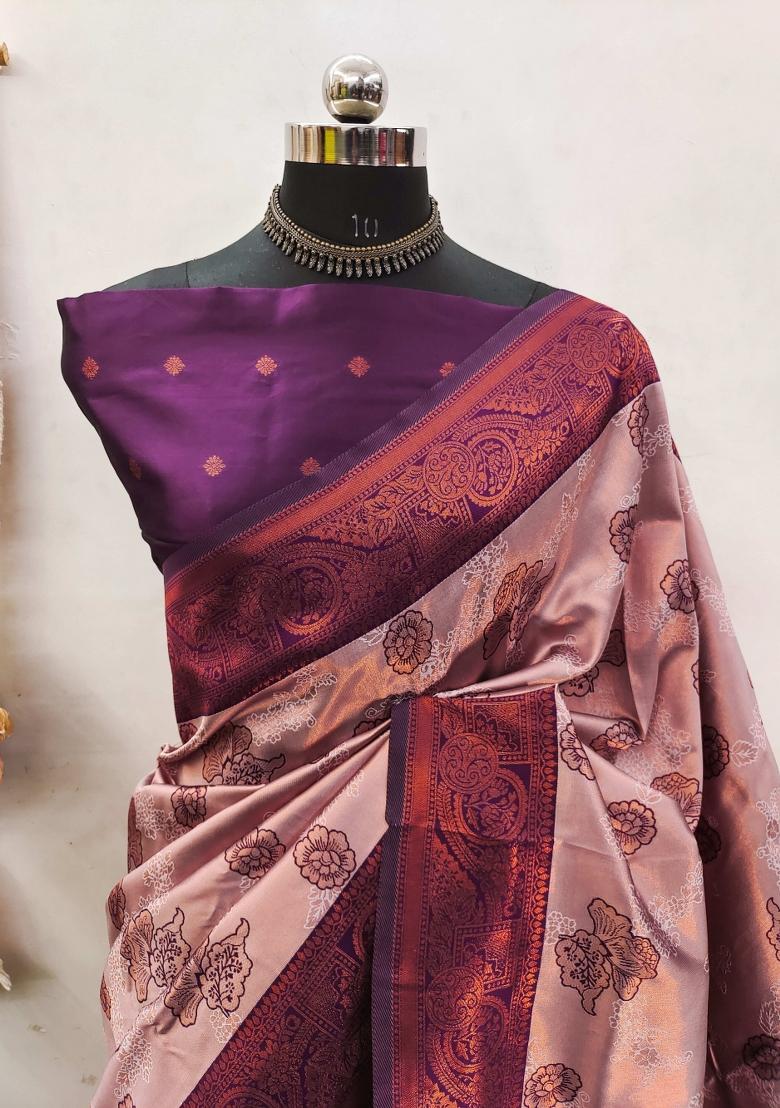 Light Green And Purple Woven Silk Sarees - Indya