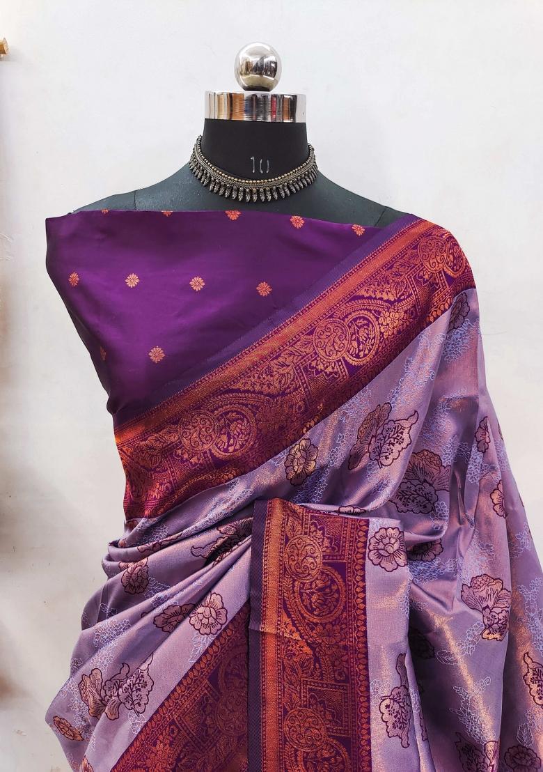 Purple Woven Silk Sarees - Indya