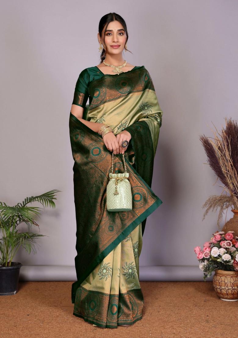 Light Green And Green Woven Silk Sarees - Indya