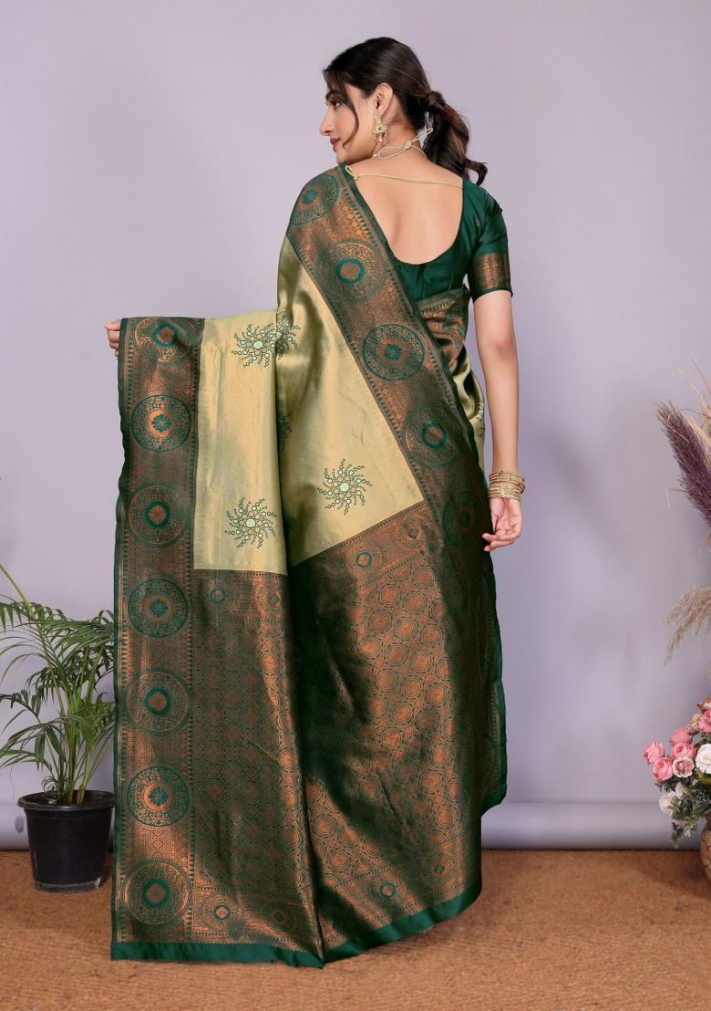 Light Green And Green Woven Silk Sarees - Indya