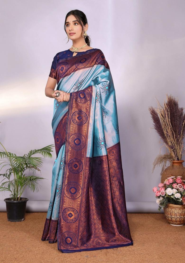 Light Blue Woven Silk Sarees - Indya