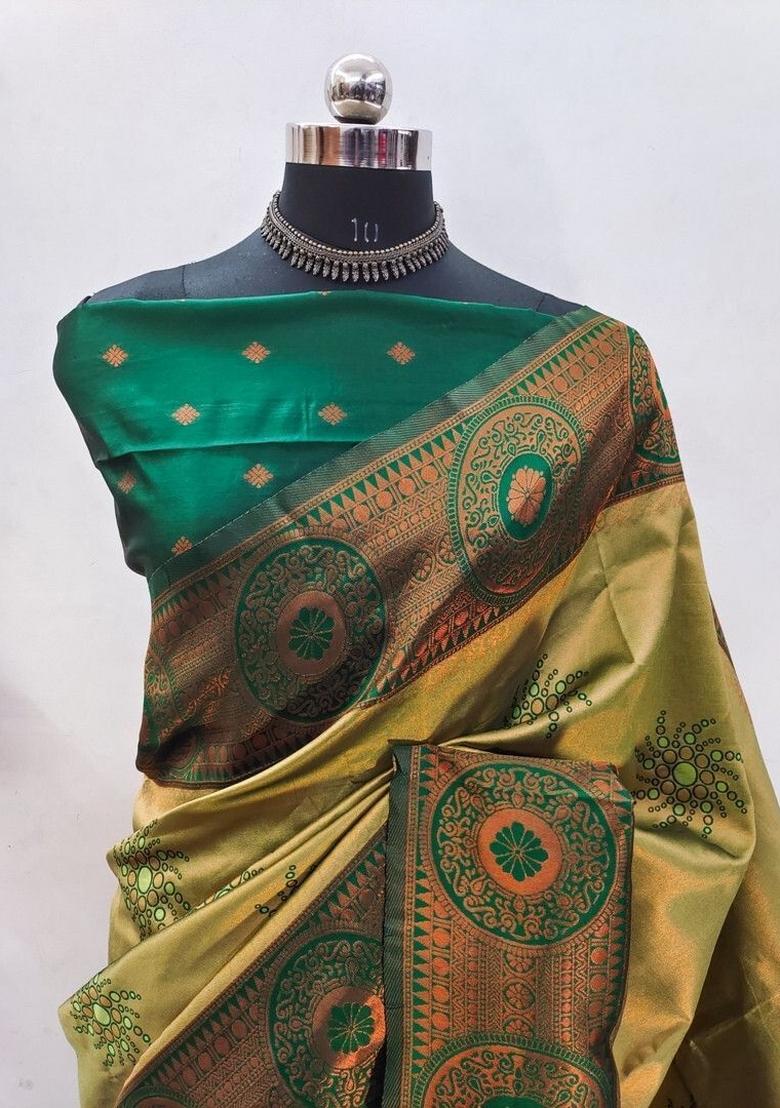 Light Green And Green Woven Silk Sarees - Indya