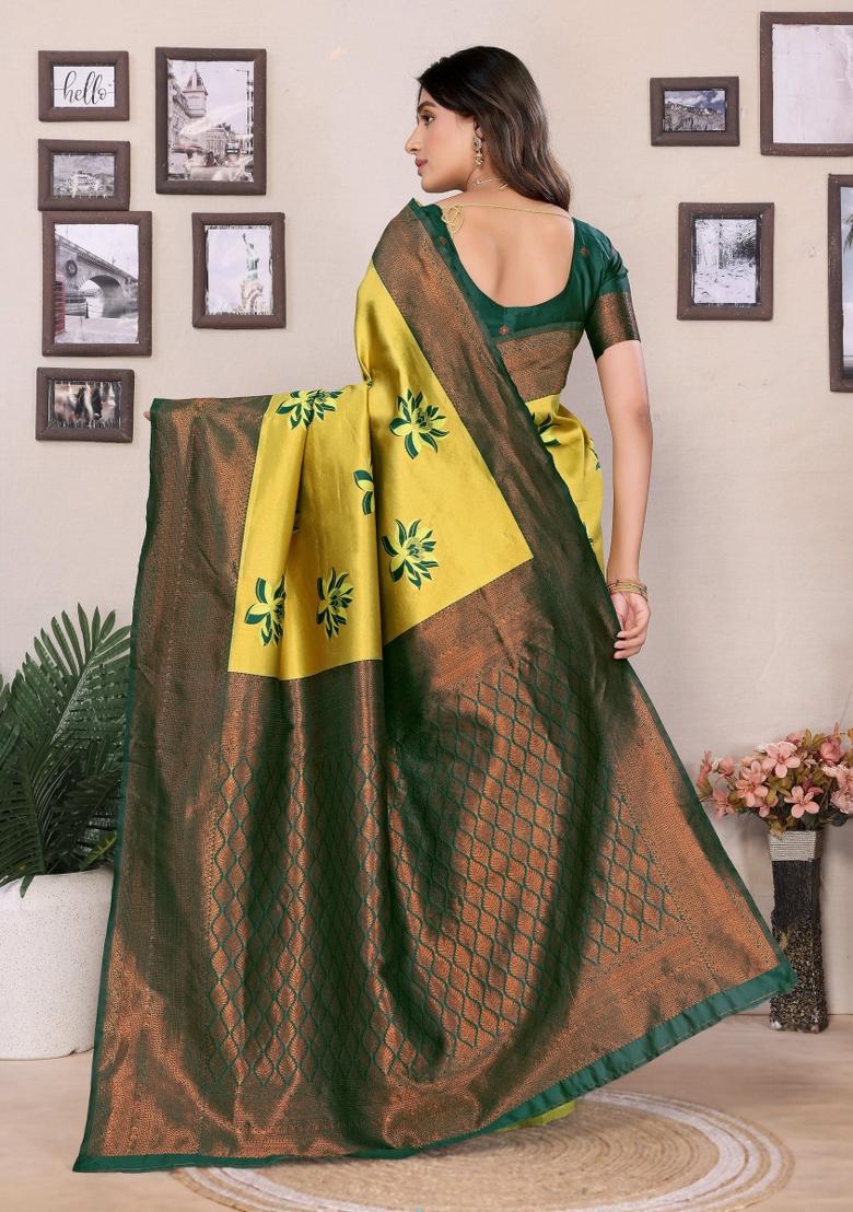Light Green And Green Woven Silk Sarees - Indya