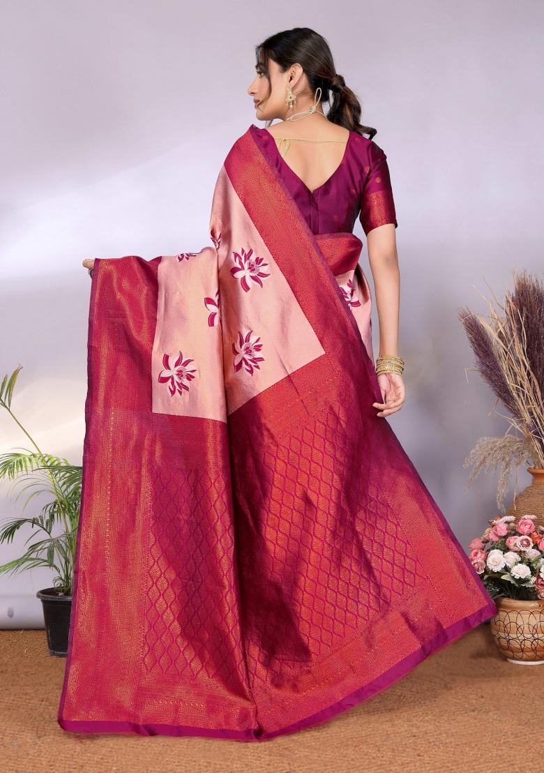 Pink And Purple Woven Silk Sarees - Indya