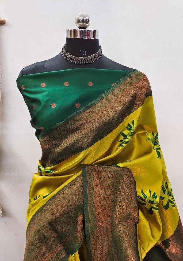 Light Green And Green Woven Silk Sarees - Indya