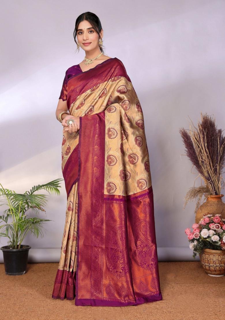 Cream And Purple Woven Silk Sarees - Indya