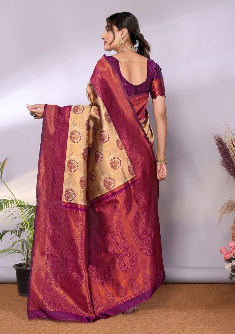 Cream And Purple Woven Silk Sarees - Indya