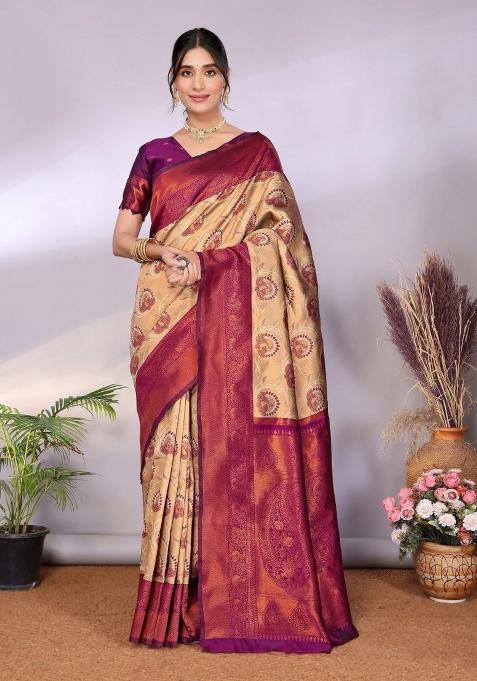 Cream And Purple Woven Silk Sarees