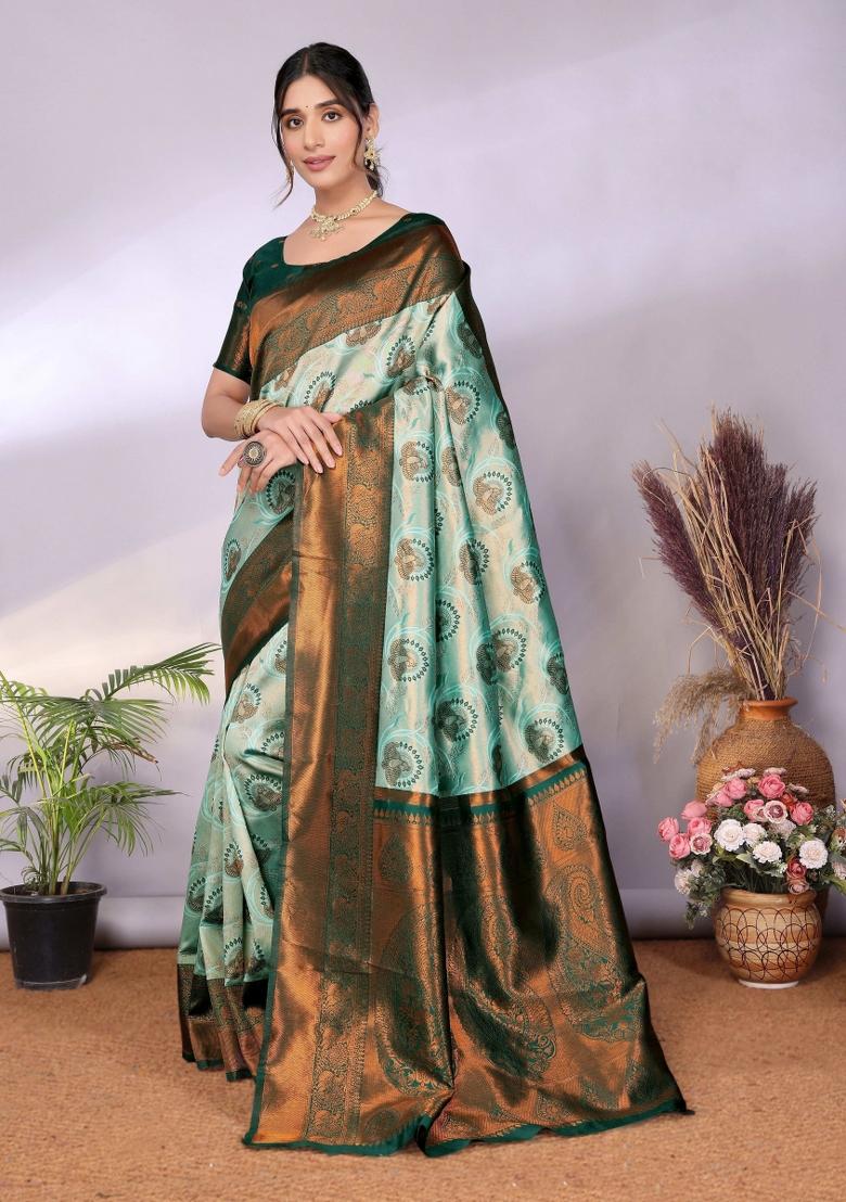Light Green And Green Woven Silk Sarees - Indya