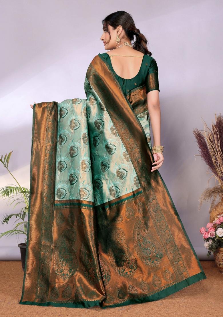 Light Green And Green Woven Silk Sarees - Indya