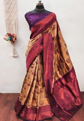 Cream And Purple Woven Silk Sarees
