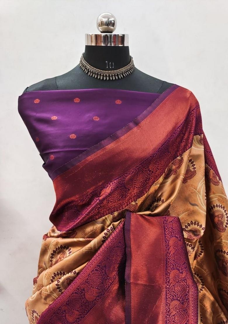 Cream And Purple Woven Silk Sarees - Indya