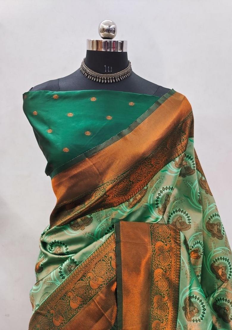 Light Green And Green Woven Silk Sarees - Indya