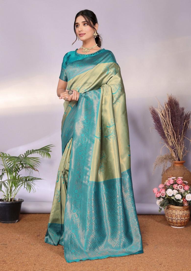 Light Green And Light Blue Woven Silk Sarees - Indya