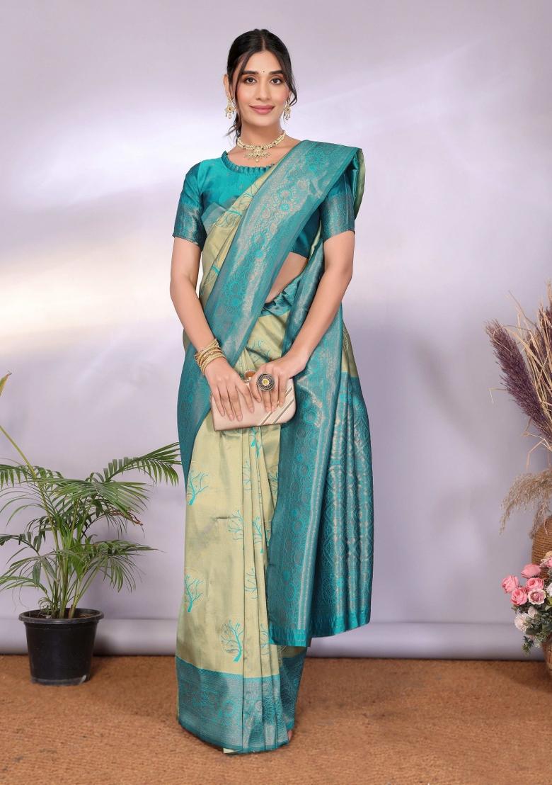 Light Green And Light Blue Woven Silk Sarees - Indya