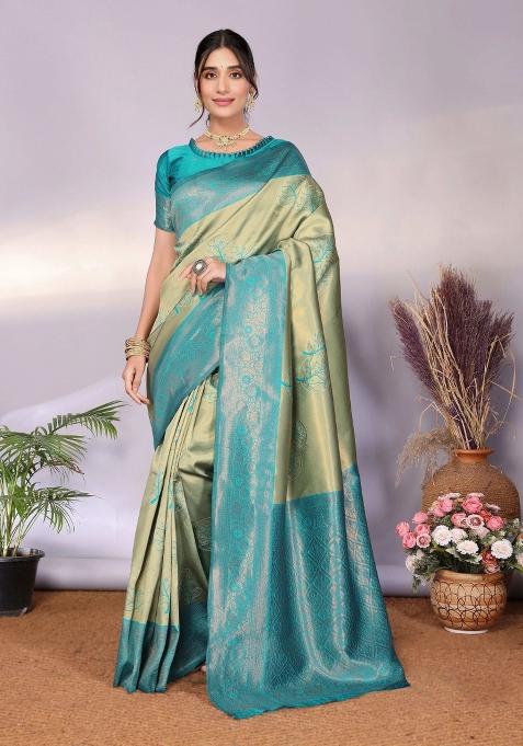 Light Green And Light Blue Woven Silk Sarees