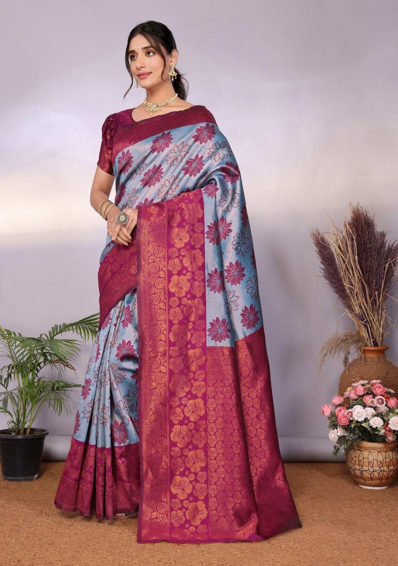 Light Blue And Purple Woven Silk Sarees - Indya
