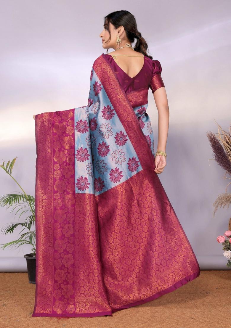 Light Blue And Purple Woven Silk Sarees - Indya