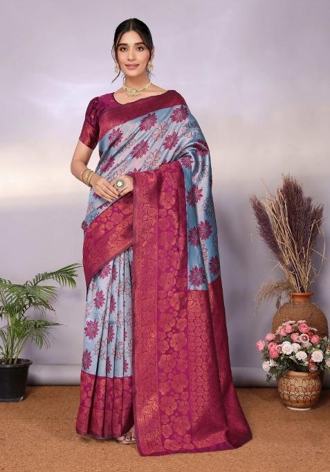 Light Blue And Purple Woven Silk Sarees
