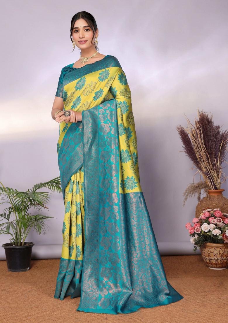 Light Green And Light Blue Woven Silk Sarees - Indya