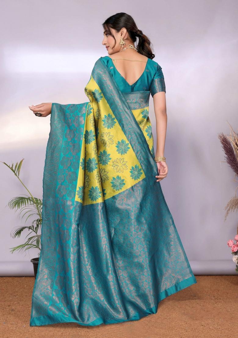 Light Green And Light Blue Woven Silk Sarees - Indya