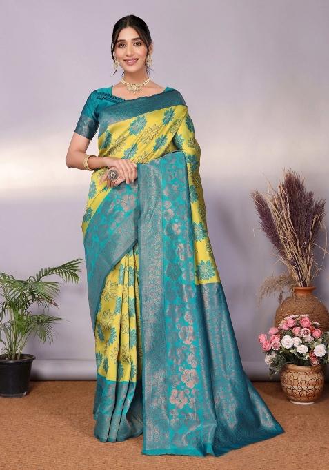 Light Green And Light Blue Woven Silk Sarees