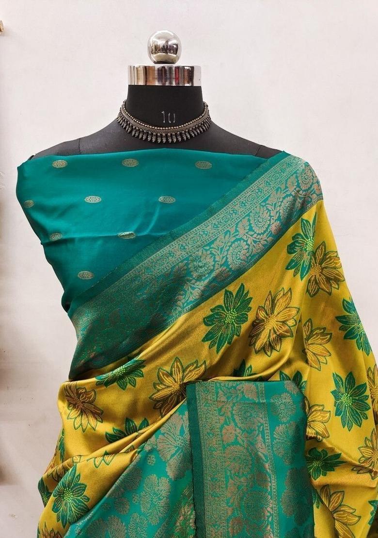 Light Green And Light Blue Woven Silk Sarees - Indya