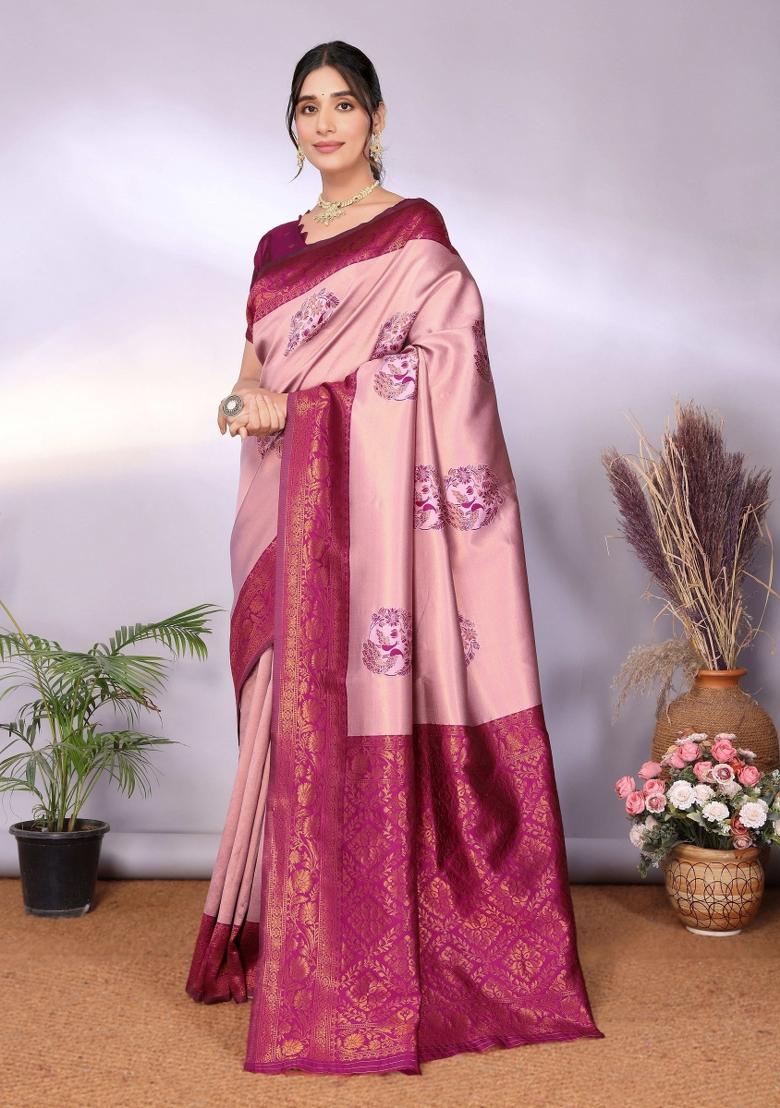 Pink And Purple Woven Silk Sarees - Indya
