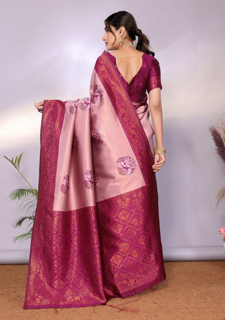 Pink And Purple Woven Silk Sarees - Indya