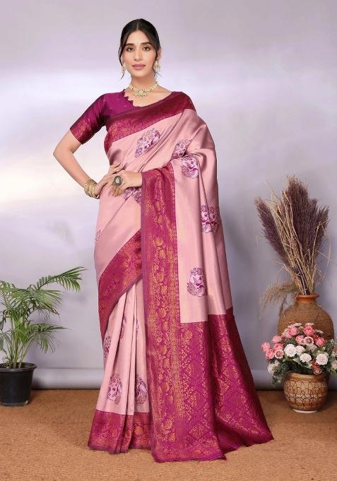 Pink And Purple Woven Silk Sarees