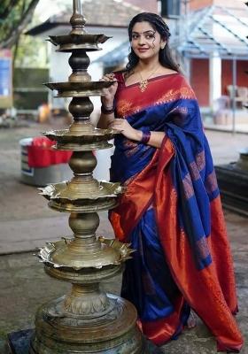 Dark Blue And Red Woven Silk Sarees