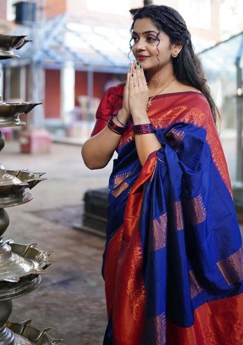 Dark Blue And Red Woven Silk Sarees - Indya