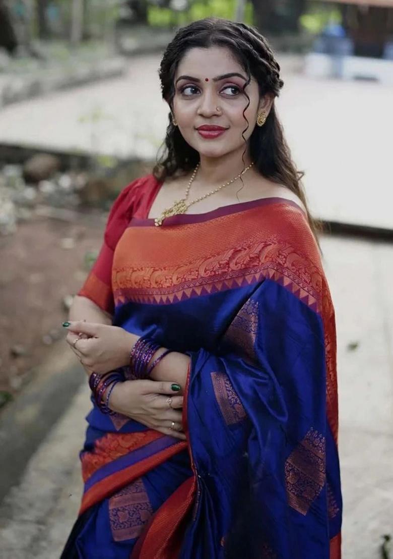 Dark Blue And Red Woven Silk Sarees - Indya