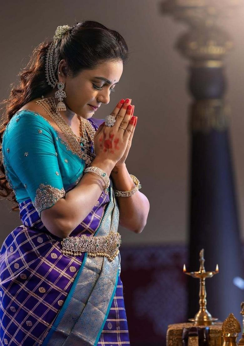 Purple And Blue Woven Silk Sarees - Indya