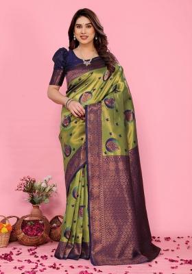 Light Green And Blue Woven Silk Sarees