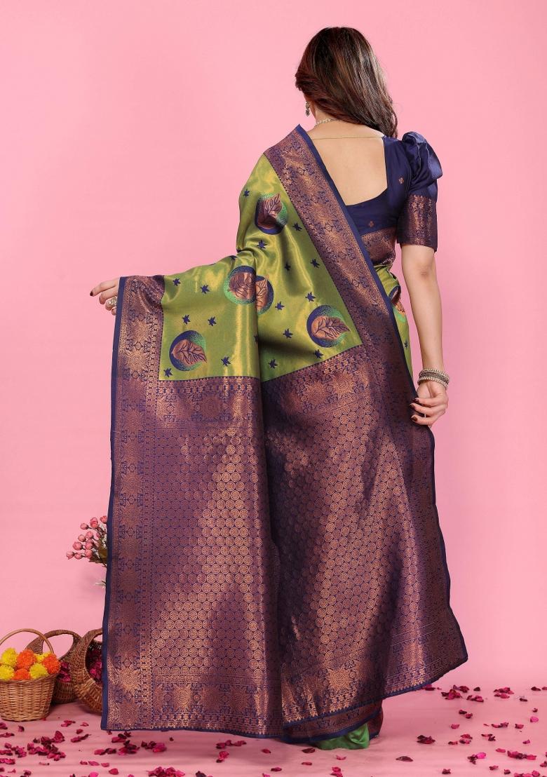 Light Green And Blue Woven Silk Sarees - Indya