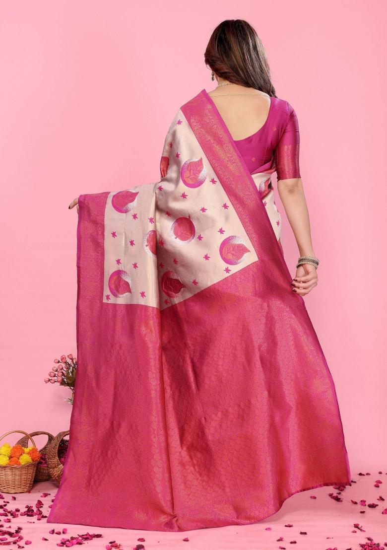 Cream And Pink Woven Silk Sarees - Indya