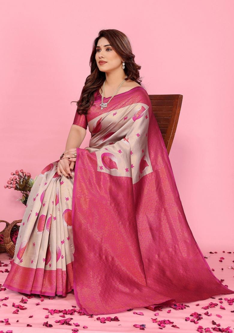 Cream And Pink Woven Silk Sarees - Indya