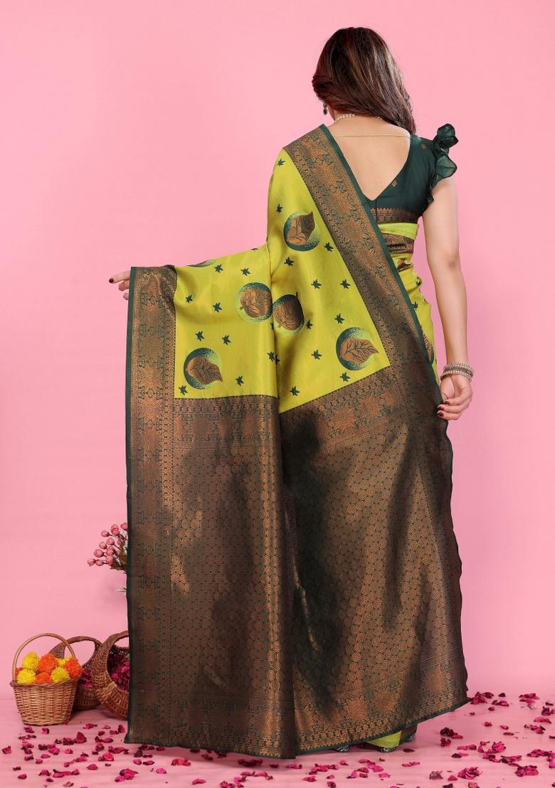 Green Woven Silk Sarees - Indya