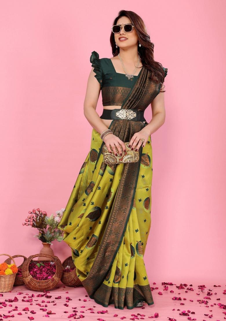 Green Woven Silk Sarees - Indya