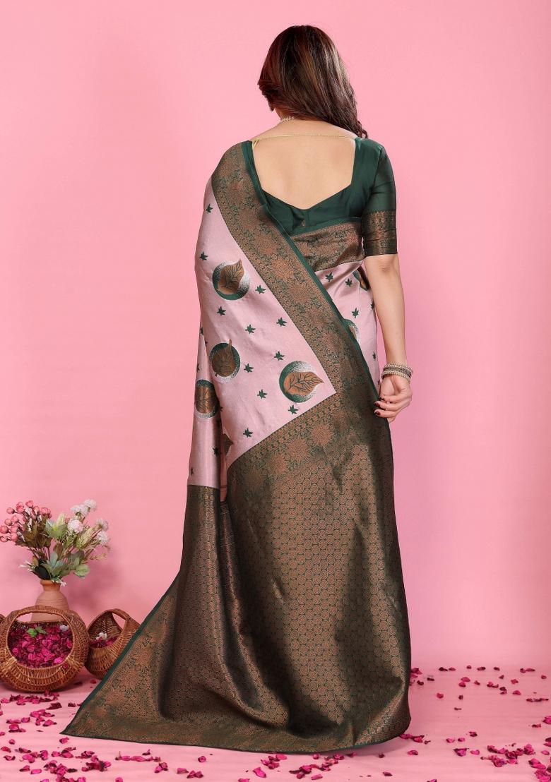 Pink And Green Woven Silk Sarees - Indya