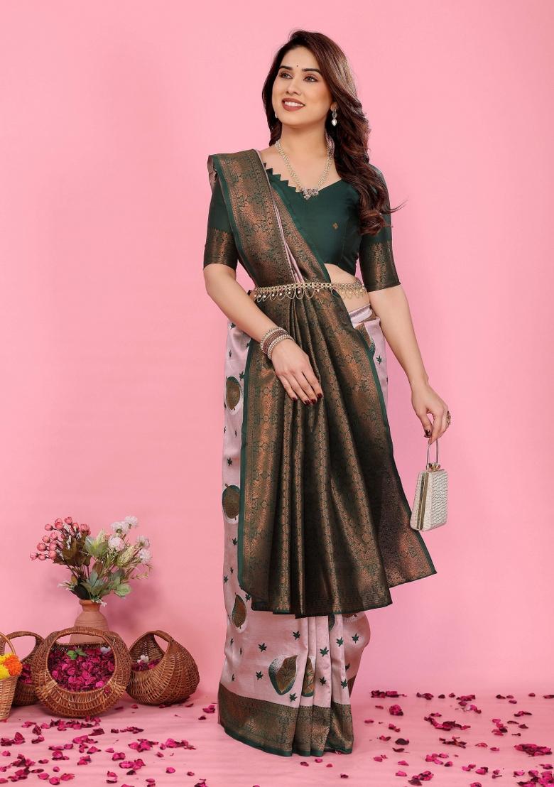 Pink And Green Woven Silk Sarees - Indya