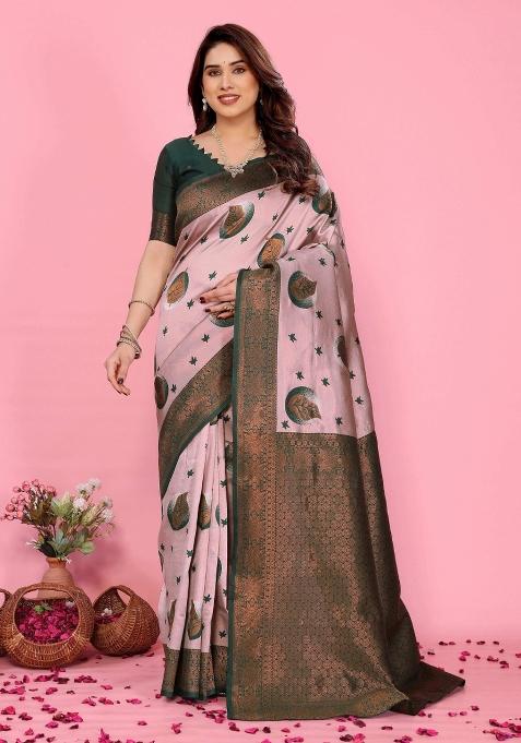 Pink And Green Woven Silk Sarees