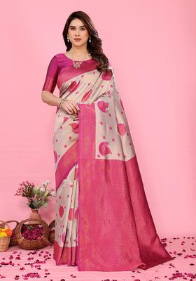 Cream And Pink Woven Silk Sarees